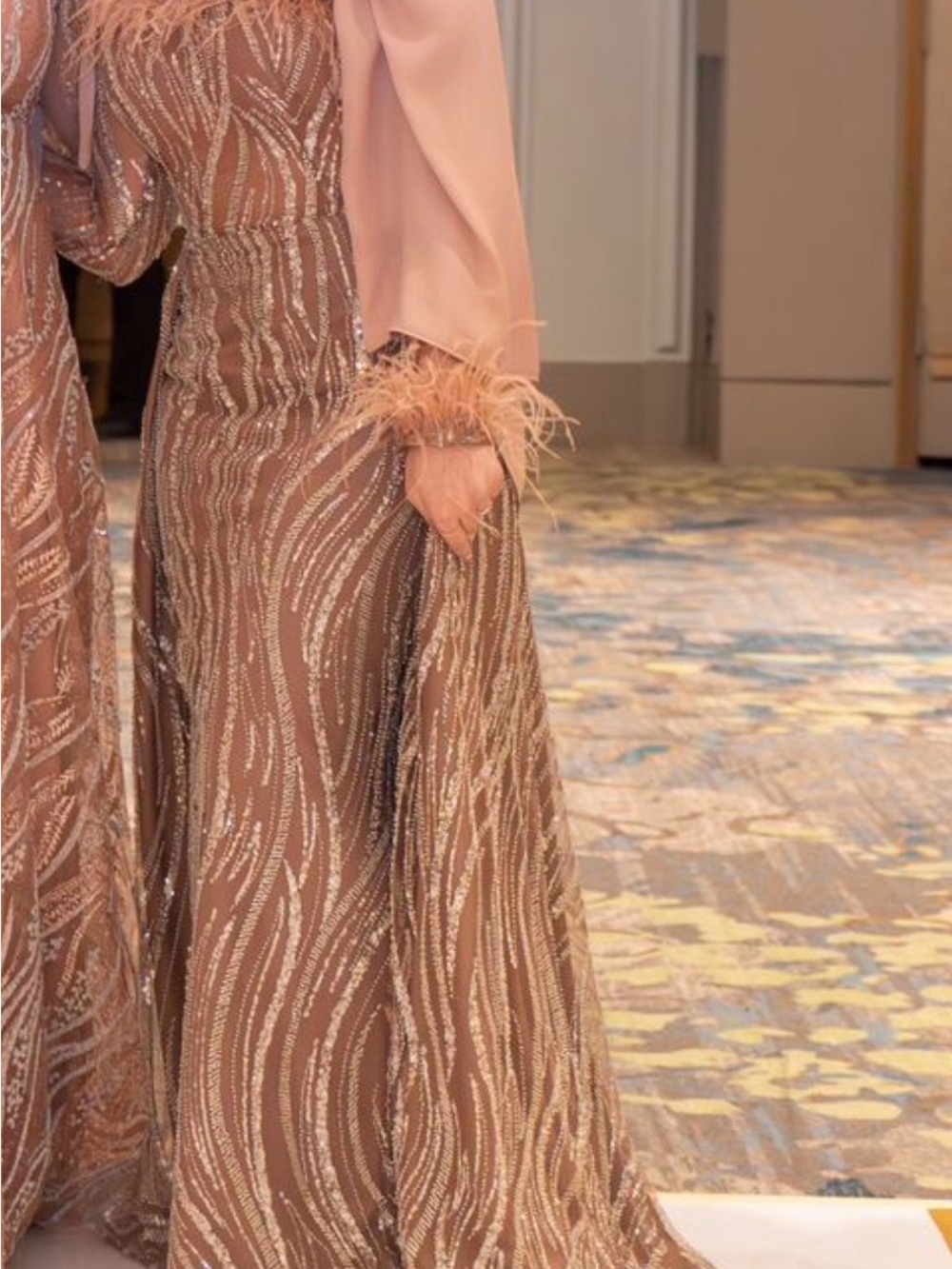 Elegant Pink-Beige Sequin Evening Dress with Feather Cuffs- Off the Shoulder